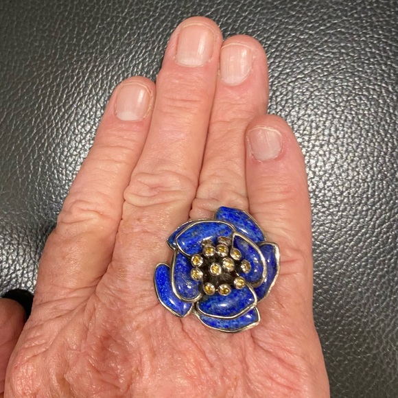 Lapis Petals Citrine Center Flower Sterling Silver Ring - Picture 1 of 6